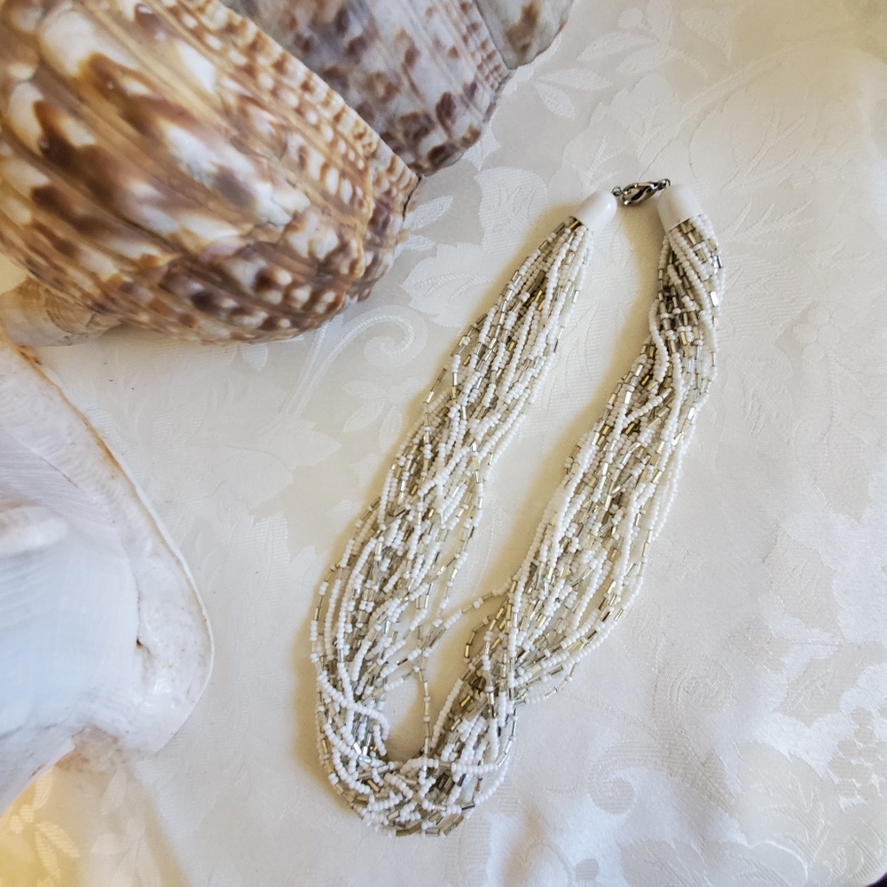 White and Silver Beaded Torsade Necklace